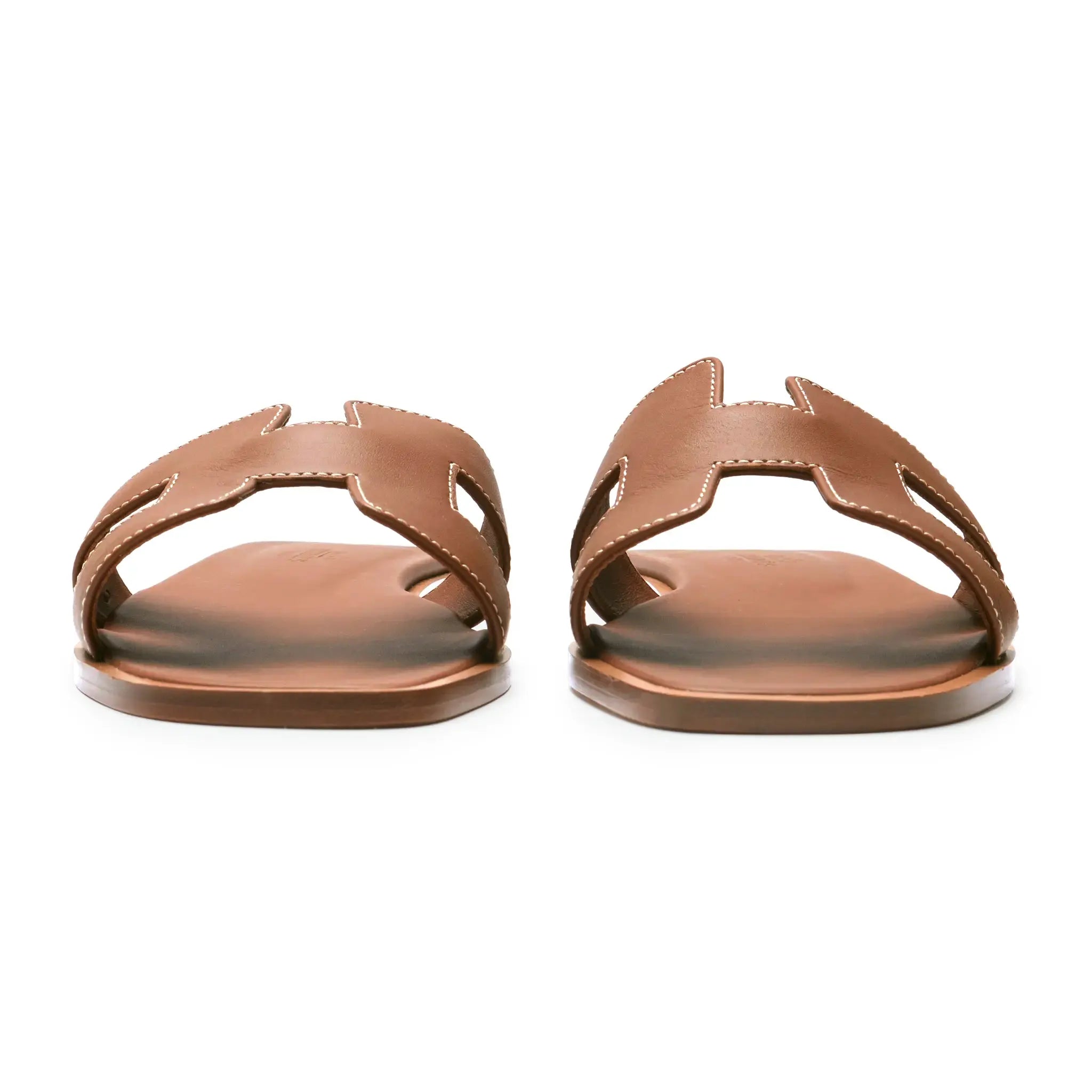 Front View of Hermes Paris Oran Gold Sandal (Minor Dents)